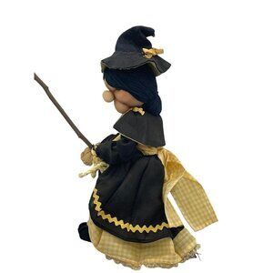Handmade Angry Witch Doll Halloween Hag with Black Hat Flying On Broom